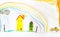 Pencil handdrawing made by little child. Yellow car driving under rainbow to houses and sun. Rain is going away