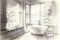 pencil sketch of tranquil bathroom, with steam rising from the bathtub