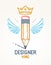 Pencil with wings and crown, vector simple trendy logo or icon for designer or studio, creative king, royal design.