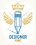 Pencil with wings and crown, vector simple trendy logo or icon for designer or studio, creative king, royal design.