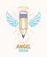 Pencil with wings and nimbus, vector simple trendy logo or icon for designer or studio, creative spirit, angel design, linear