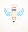 Pencil with wings and nimbus, vector simple trendy logo or icon for designer or studio, creative spirit, angel design, linear