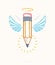 Pencil with wings and nimbus, vector simple trendy logo or icon for designer or studio, creative spirit, angel design, linear