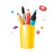 Pencils holder with different stationery in yellow plastic glass white background realistic