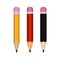 Pencils. Three pencils with a regular pencil lead and different colors. A subject for writing and drawing.
