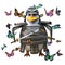 Penguin 3d cartoon samurai warrior character in armour with sword surrounded by butterflies, 3d illustration