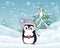 Penguin Animal in Hat and Heart. Winter Landscape