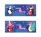 Penguin animal in scarf and ear muffs in winter with falling snow. Funny polar winter bird banner poster. Cartoon