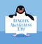 Penguin Awareness Day vector card on blue background. Cute penguin cartoon character. Pinguin hold sign with text . Penguin Day