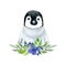 Penguin with blue flowers