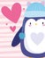 Penguin with blue warm hat bird animal cartoon hearts striped background