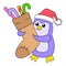 Penguin carrying candy canes for Christmas, doodle icon image kawaii
