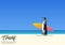 Penguin carrying surfboard and running on white sand beach while on summer vacation. Blue gradient sky background.