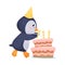 Penguin Character Putting Candles on Birthday Cake Vector Illustration