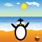 Penguin with coconut on the beach