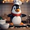 A penguin dressed as a chef, skillfully preparing sushi rolls in a tiny kitchen1