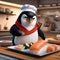 A penguin dressed as a chef, skillfully preparing sushi rolls in a tiny kitchen5