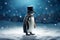 penguin dressed up in a top hat standing in the snow, standing on its hind legs