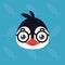 Penguin emotional head. Vector illustration of cute arctic bird shows nerd emotion. Smart emoji. Smiley icon. Print