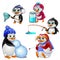 Penguin family, parents. children and grandmother - every one busy with his business. Cartoon animals character