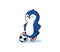 The Penguin is a football player. Cartoonish animal character stands and holds the ball with his foot