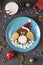 Penguin form pancake with raspberry for breakfast - fun food idea for kids, Top view