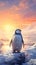 Penguin on Frozen Antarctic Landscape with Sunset Colors