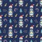 Penguin with a gift and Christmas trees and other decorative elements on a dark blue background. Christmas and new year printing.