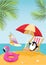 Penguin and giraffe in the tropics. Vector summer illustration.