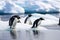 Penguin group on melting iceberg, global warming. Generative AI
