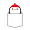 Penguin head face. Red hat. T-shirt pocket. Merry Christmas. Happy New Year. Cute cartoon kawaii baby character. Arctic animal.