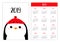 Penguin head wearing winter red hat. Merry Christmas. Simple pocket calendar layout 2019 new year. Week starts Sunday. Cartoon