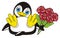 Penguin hold a red flowers