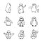 Penguin isolated hand drawn illustration.Vector set of different penguins with ballon,gif.Cartoon animals for kids