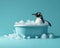 Penguin lies in a bath filled with ice cubes, the concept of cooling and refreshment in hot weather