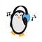 Penguin listening to music with headphones. Vector illustration that can be used as a print on clothes or a bag in