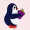 Penguin with a multi-colored children`s book. school, kindergarten