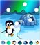 Penguin near the igloo and northern lights in the sky.