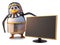 Penguin pharaoh Tutankhamun is pleased with the latest widescreen high definition gold television, 3d illustration
