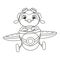 Penguin pilot flying on plane coloring page. Black and white cartoon illustration