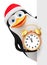 Penguin in a red hat and alarm clock on a white background. 3D rendering illustration. New Year