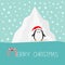 Penguin in red Santa hat. Iceberg Blue water Snow in the sky Flat design