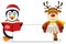 Penguin & Reindeer with Blank Banner