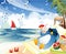 penguin relaxing on the beach. Vector illustration decorative design