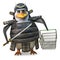 Penguin samurai warrior carrying a shopping basket and katana sword, 3d illustration