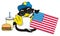 Penguin sit next to the fast food and USA flag