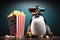 The penguin sits in 3D glasses in the cinema with popcorn, ai generative