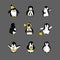 Penguin sketch illustration.Vector set of different penguins with ballon,gif.Cartoon animals for kids.Penguins