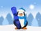 Penguin with snowboard in winter