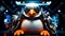Penguin in space suit with light on its head and spaceship in the background. Generative AI